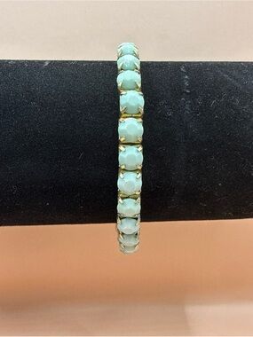 Faceted Light Blue Green Prong Set Beads On Gold Tone Tile Stretch Band Bracelet
